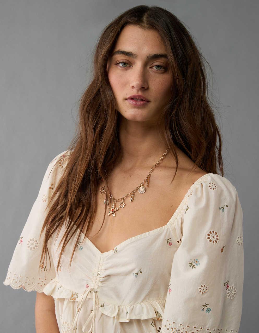 AE Flutter Sleeve Eyelet Babydoll Blouse