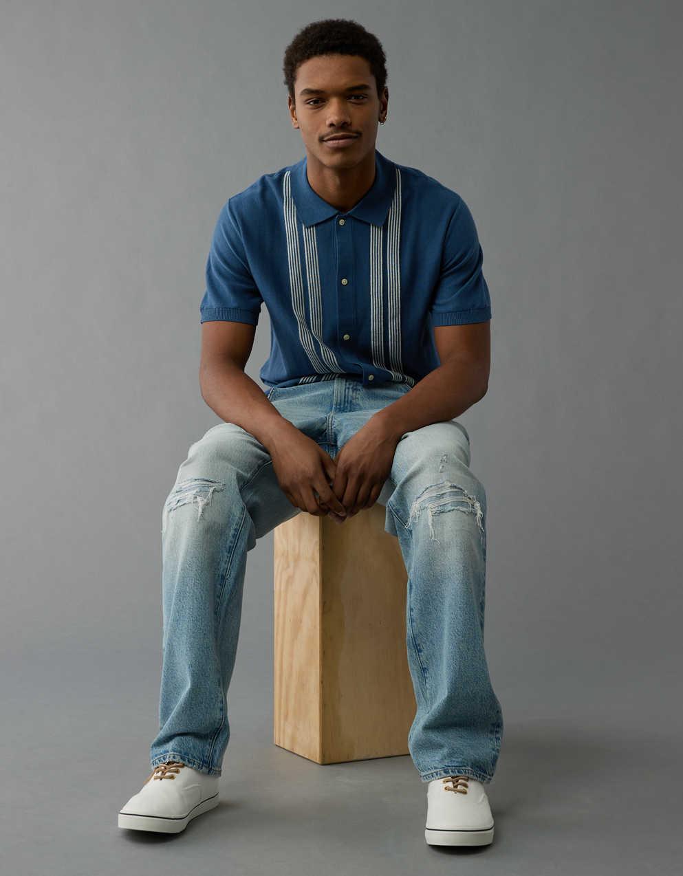 AE Weekend Button-Up Striped Sweater Polo Shirt