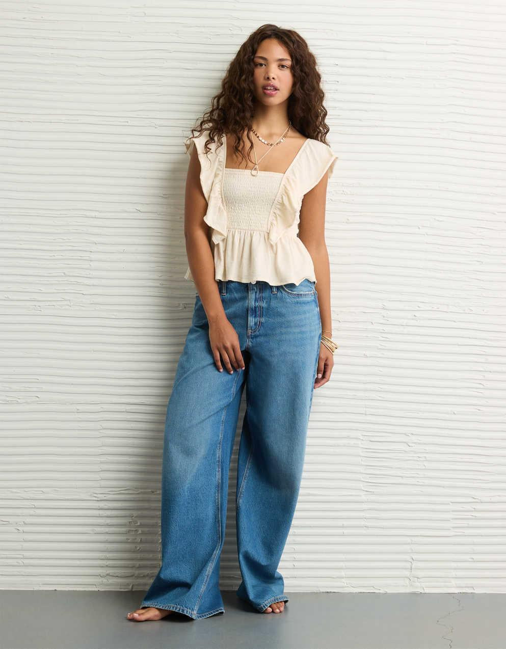 AE Sunchaser Knit Flutter Sleeve Babydoll Shirt