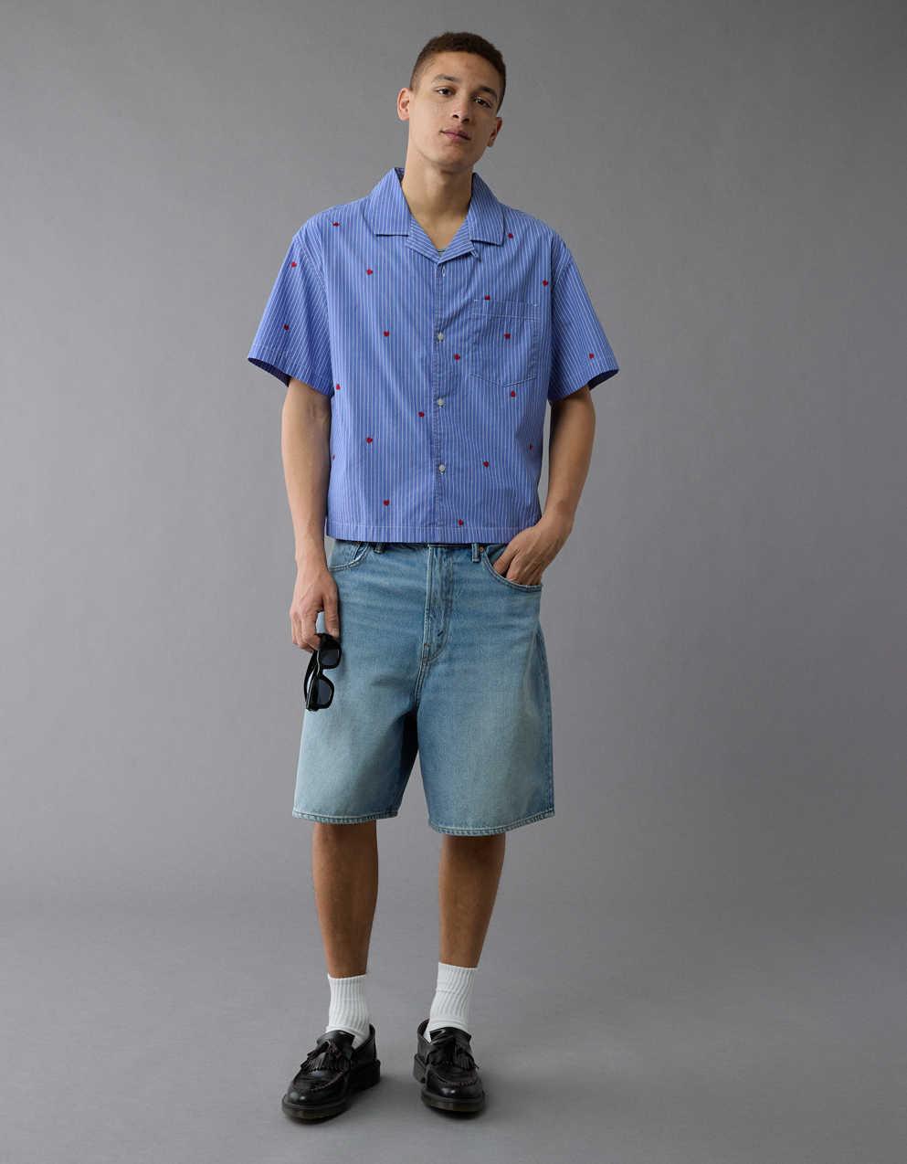 AE Pride Poolside Embroidered Striped Button-Up Shirt