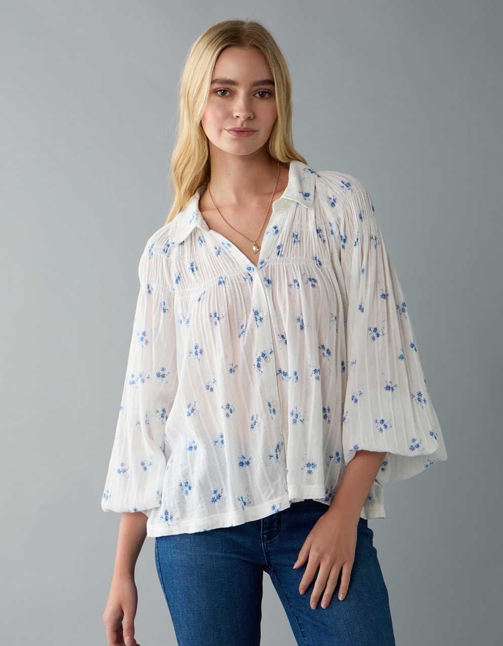 AE Long-Sleeve Smocked Peasant Blouse