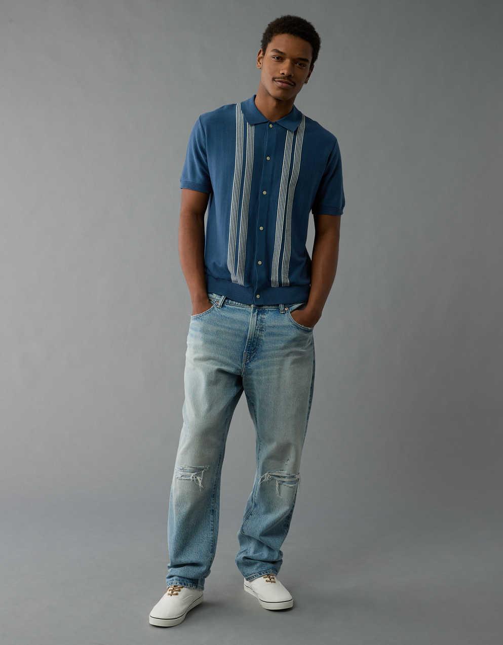 AE Weekend Button-Up Striped Sweater Polo Shirt
