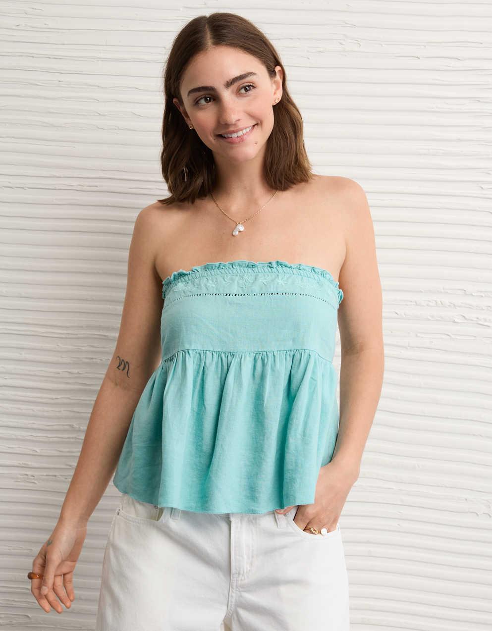 AE Embroidered Strapless Babydoll Linen-Blend Tube Top