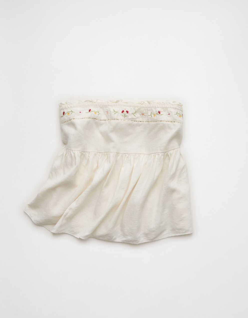 AE Embroidered Strapless Babydoll Linen-Blend Tube Top