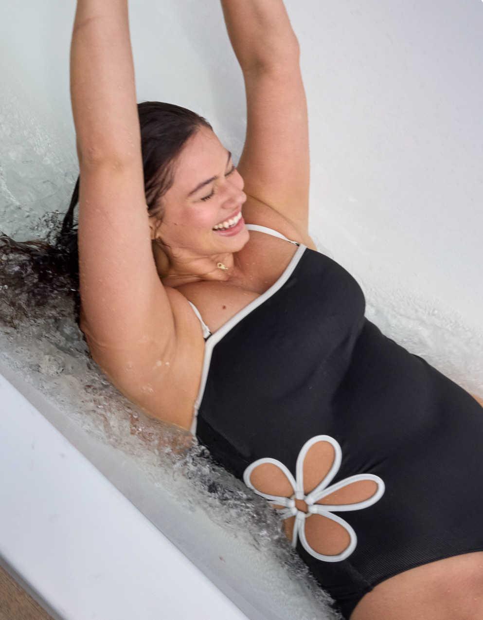 Aerie Daisy Bandeau Full Coverage Ribbed One Piece Swimsuit