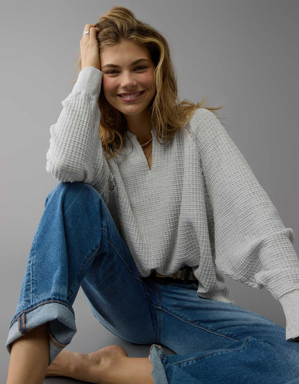 AE Big Hug Notch Neck Waffle Sweatshirt