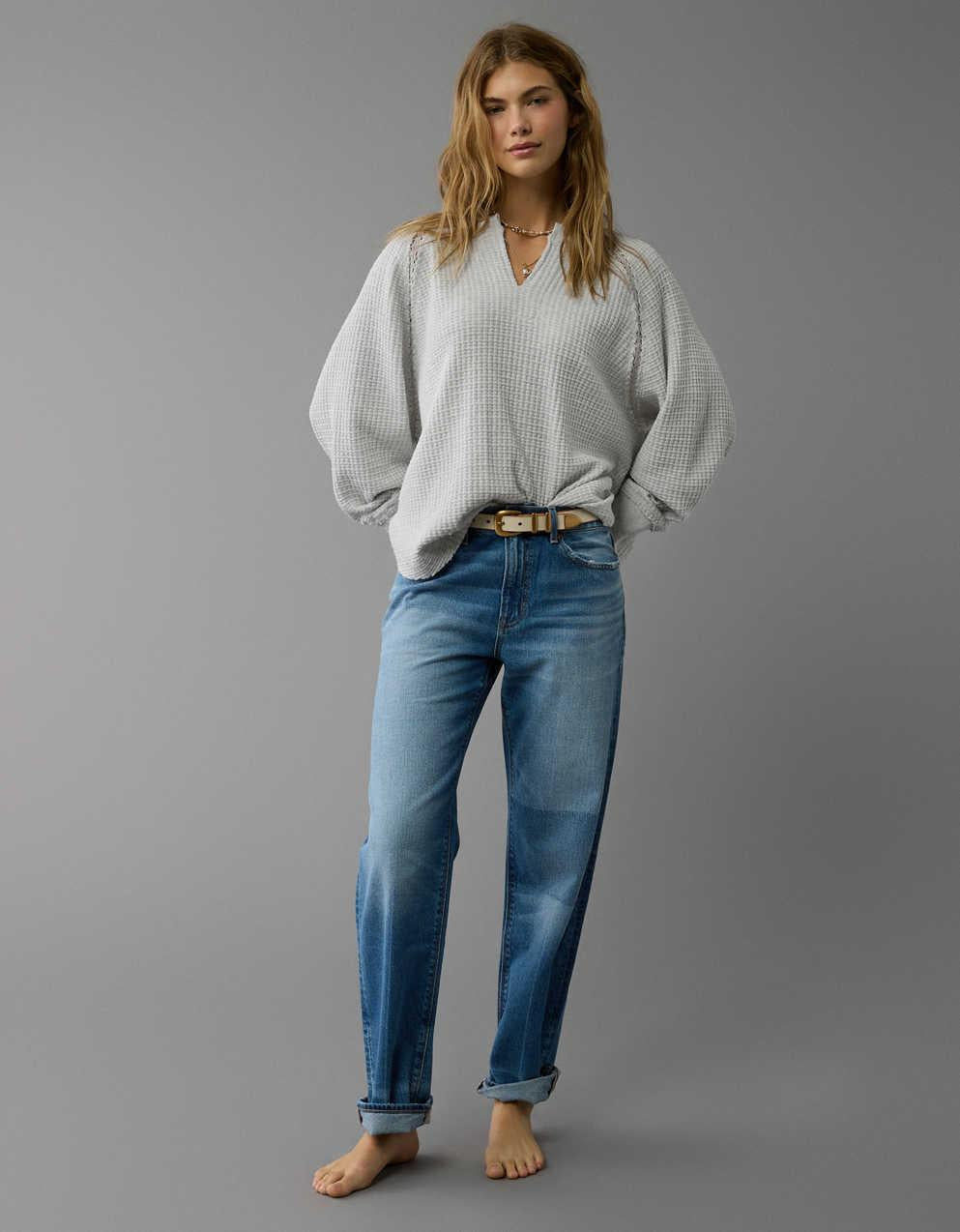 AE Big Hug Notch Neck Waffle Sweatshirt