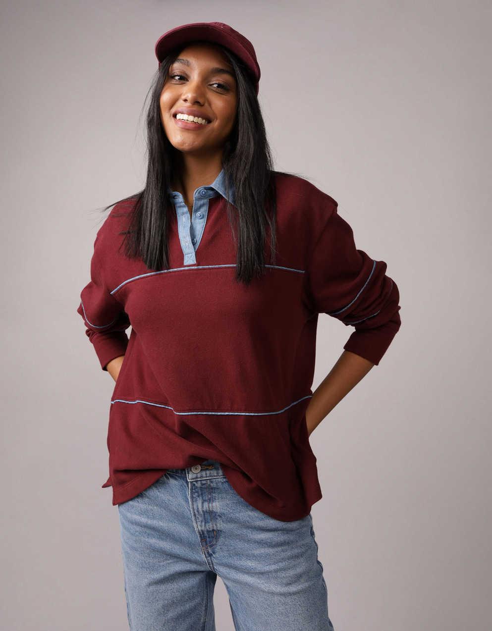AE Long-Sleeve Oversized Polo Shirt