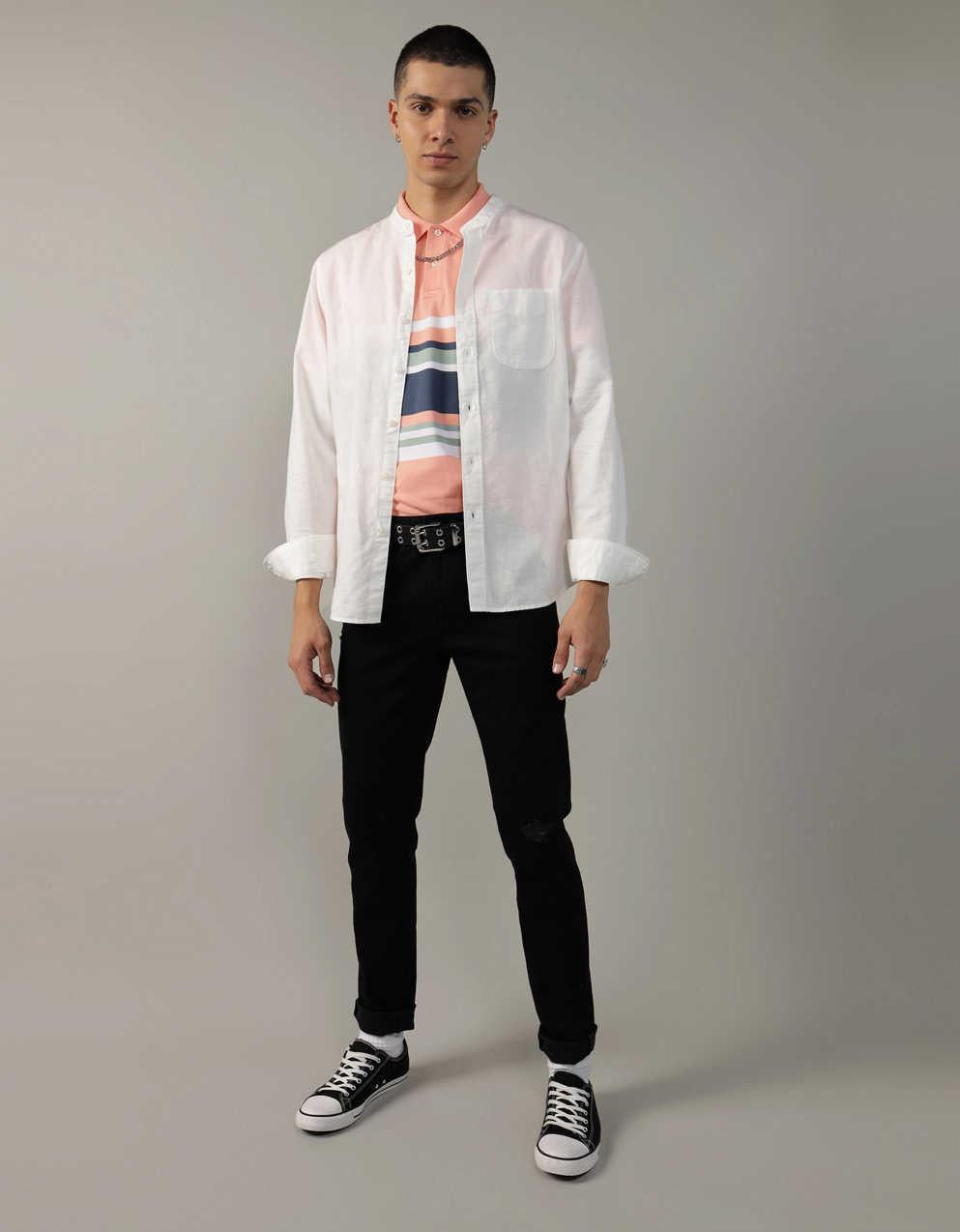 AE Band Collar Linen-Blend Button-Up Shirt
