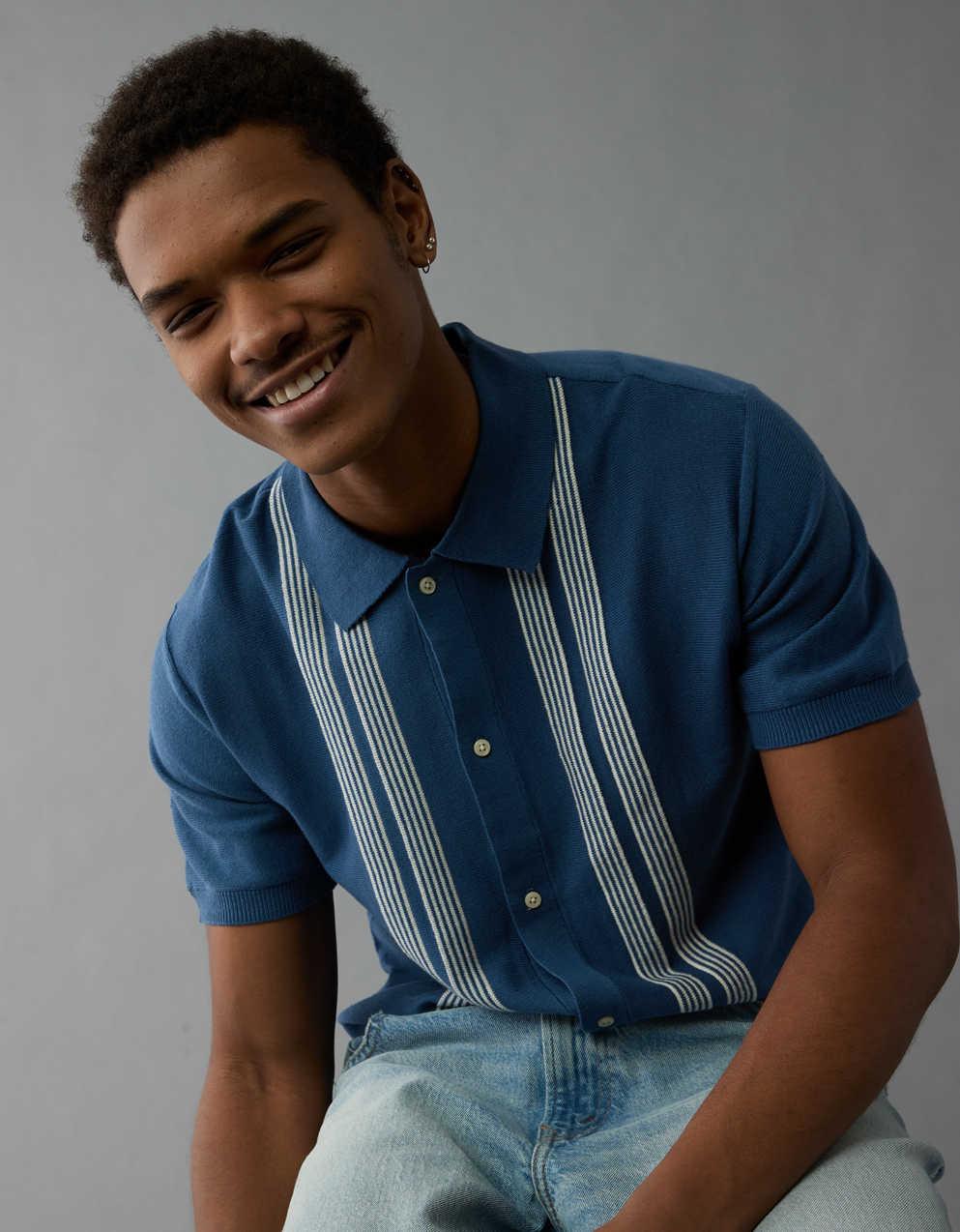 AE Weekend Button-Up Striped Sweater Polo Shirt