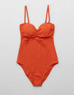Aerie Ribbed Ruched Bandeau Cutout Cheeky One Piece Swimsuit