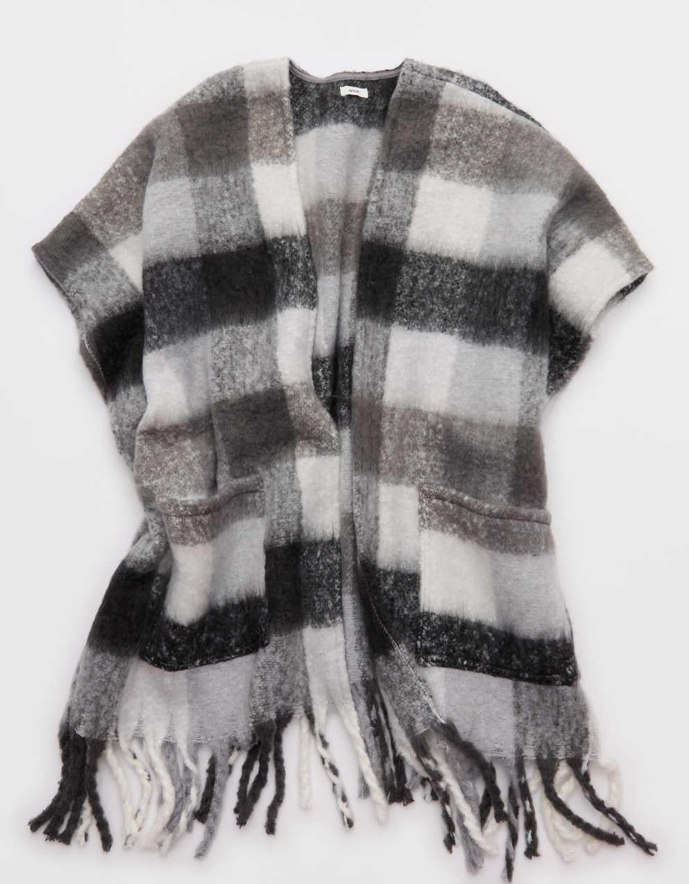 Aerie Fringe Plaid Cape