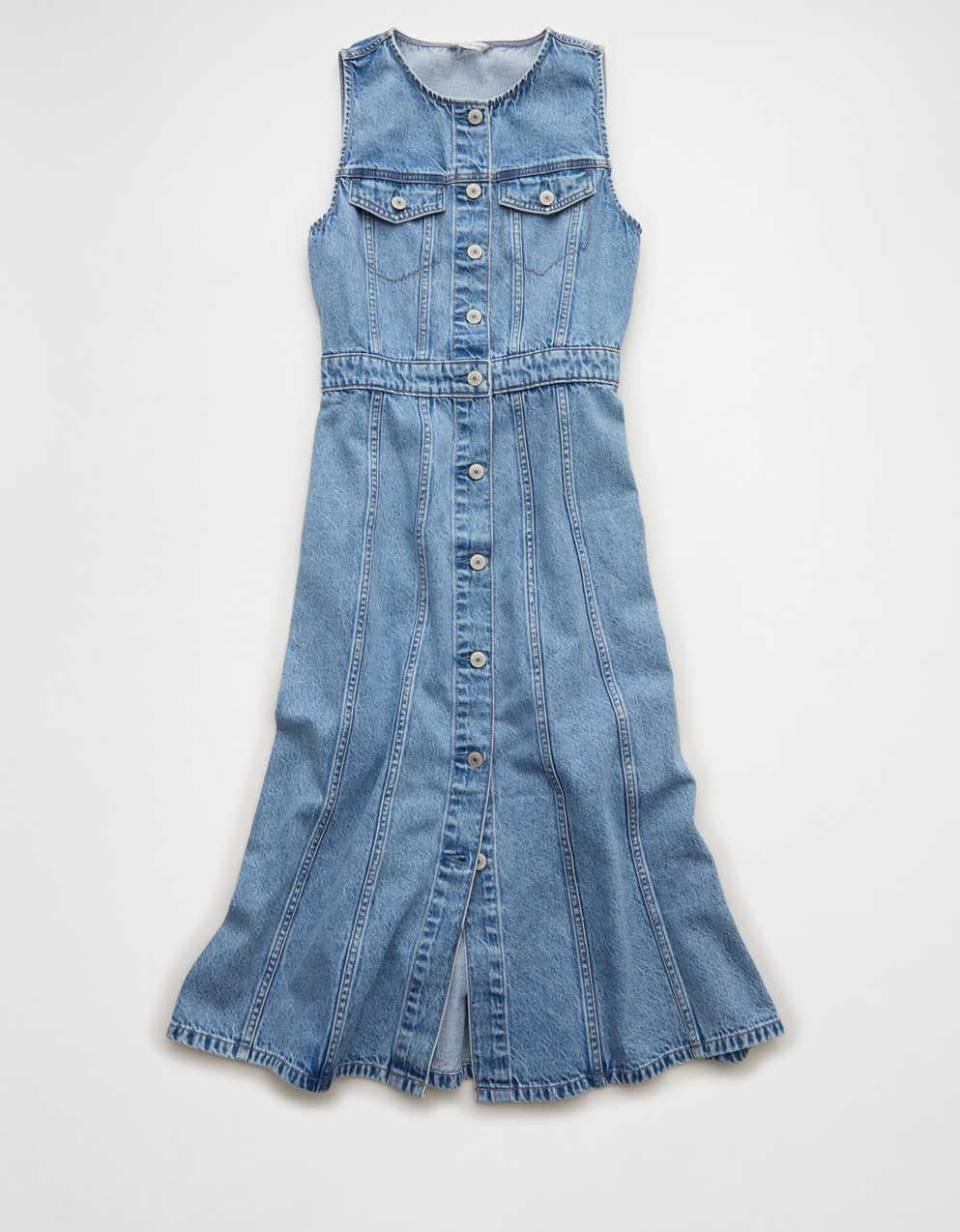 AE Button-Up Denim Midi Dress