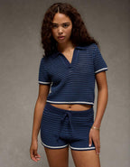 AE Cropped Crochet Sweater Polo Shirt