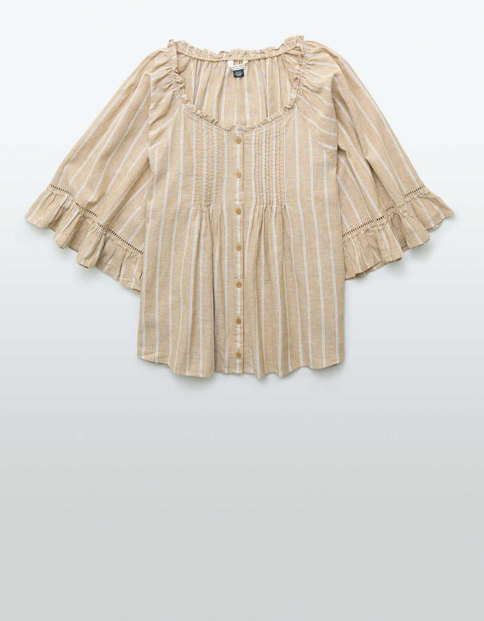AE Linen-Blend Ruffle Blouse