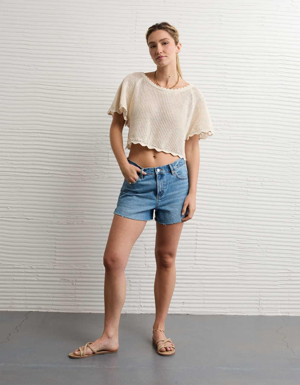 AE Off-the-Shoulder Cropped Crochet Tee