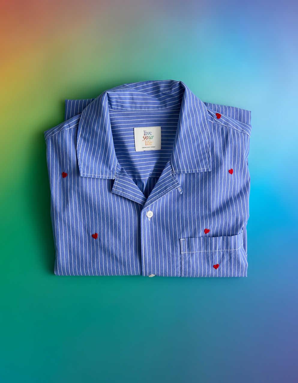 AE Pride Poolside Embroidered Striped Button-Up Shirt