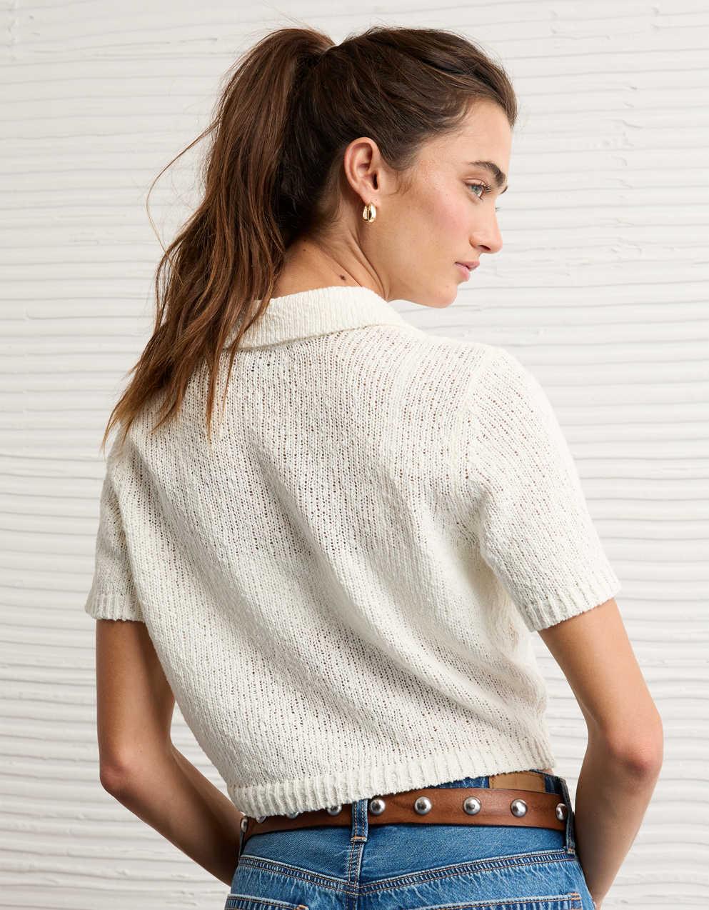 AE Short-Sleeve Collared Button-Up Cardigan