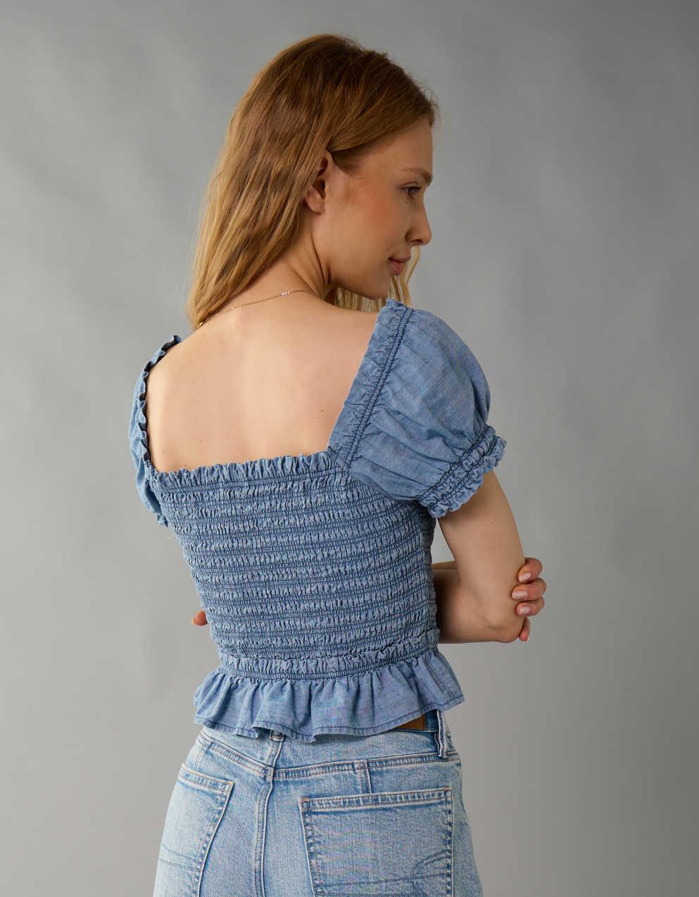 AE High Neck Puff Sleeve Smocked T-Shirt