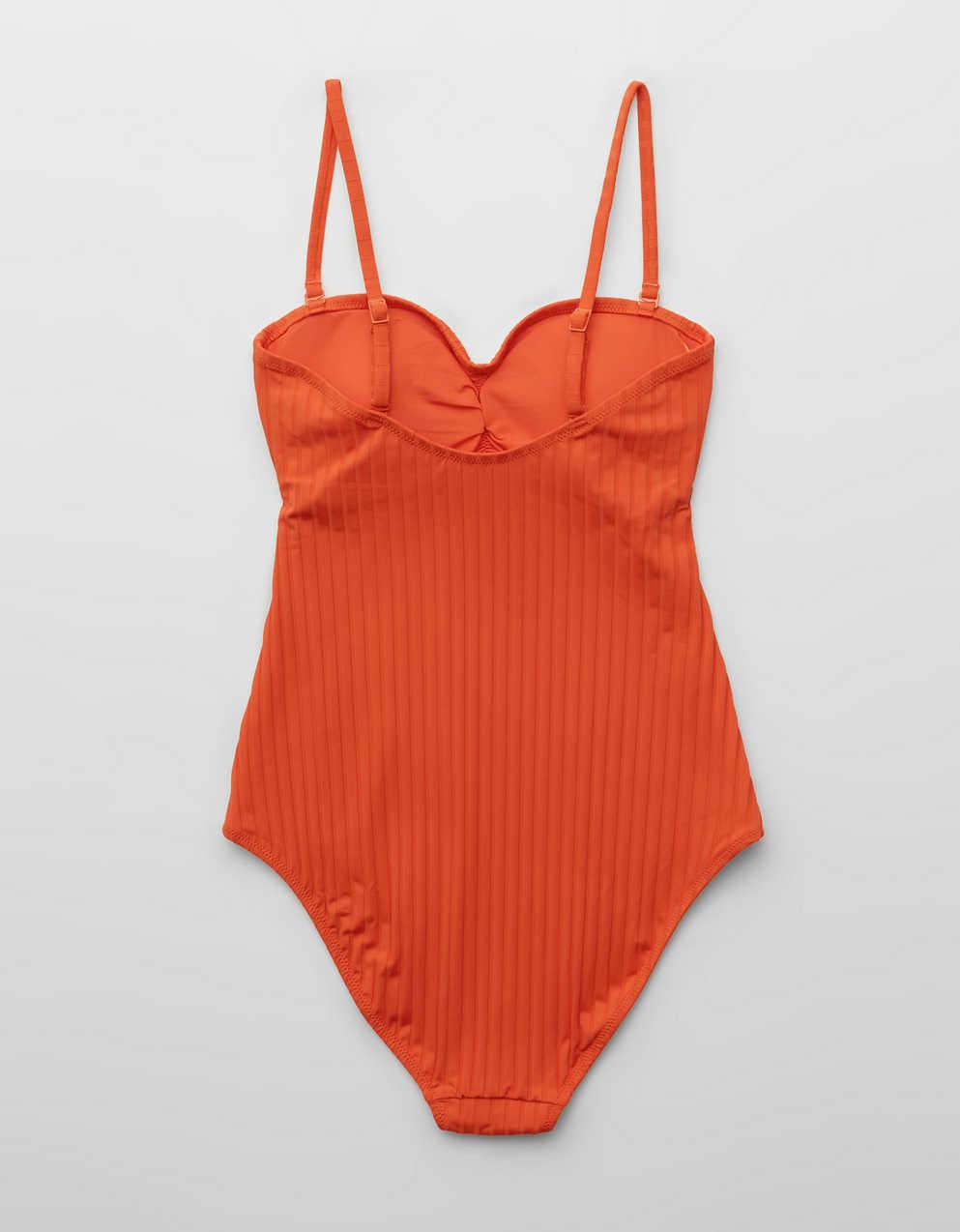 Aerie Ribbed Ruched Bandeau Cutout Cheeky One Piece Swimsuit