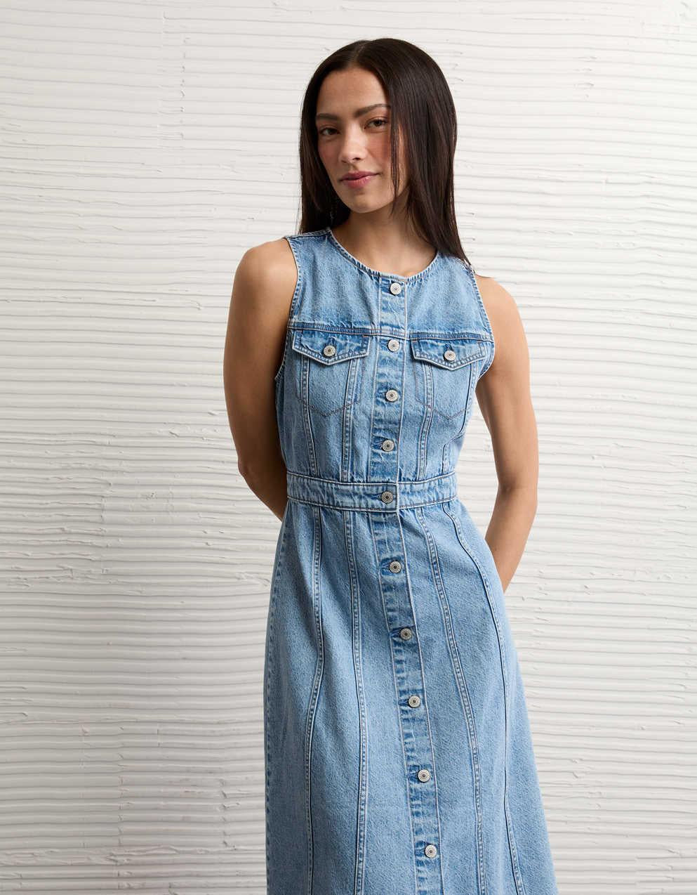 AE Button-Up Denim Midi Dress