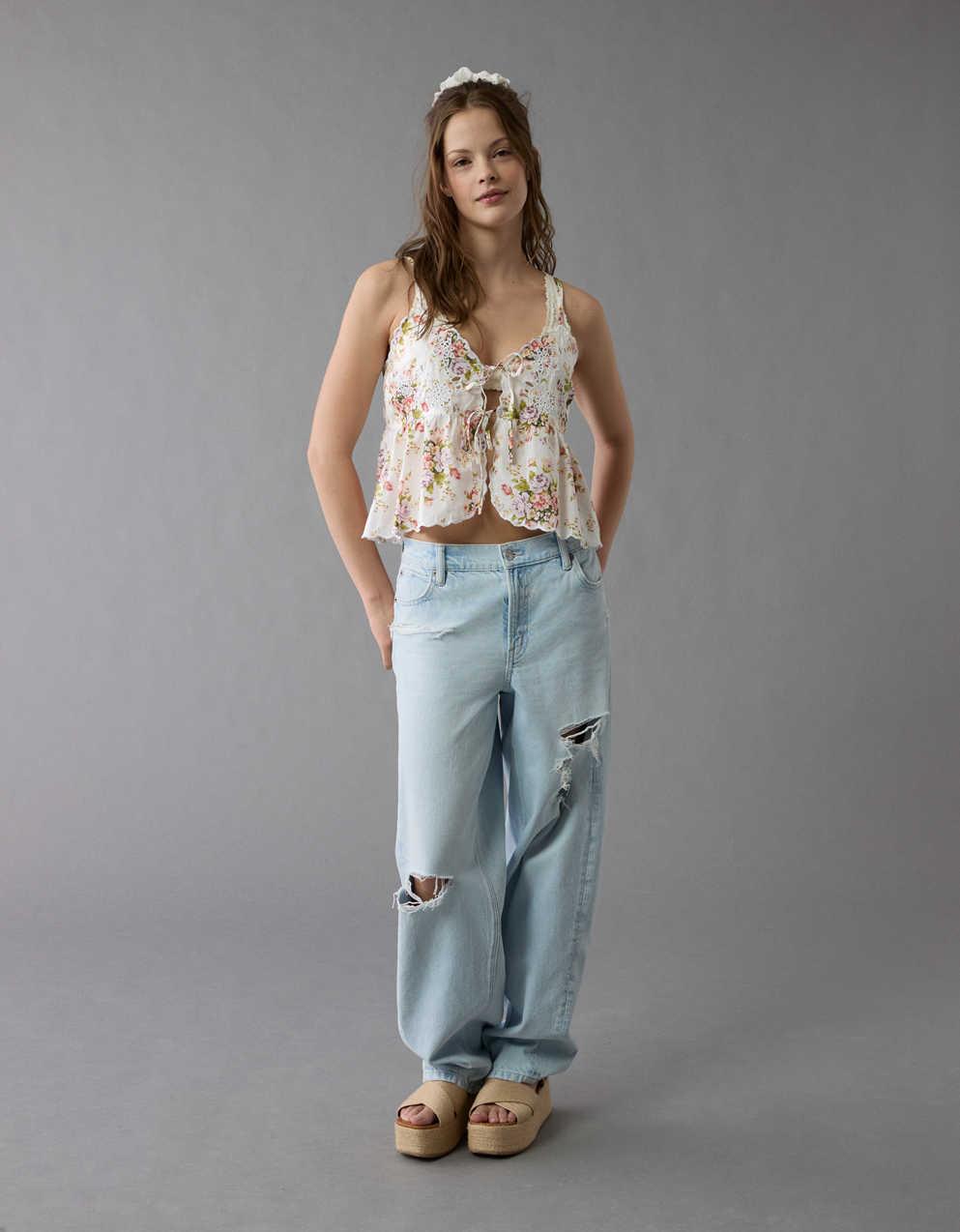 AE Tie Front Embroidered Tank Top