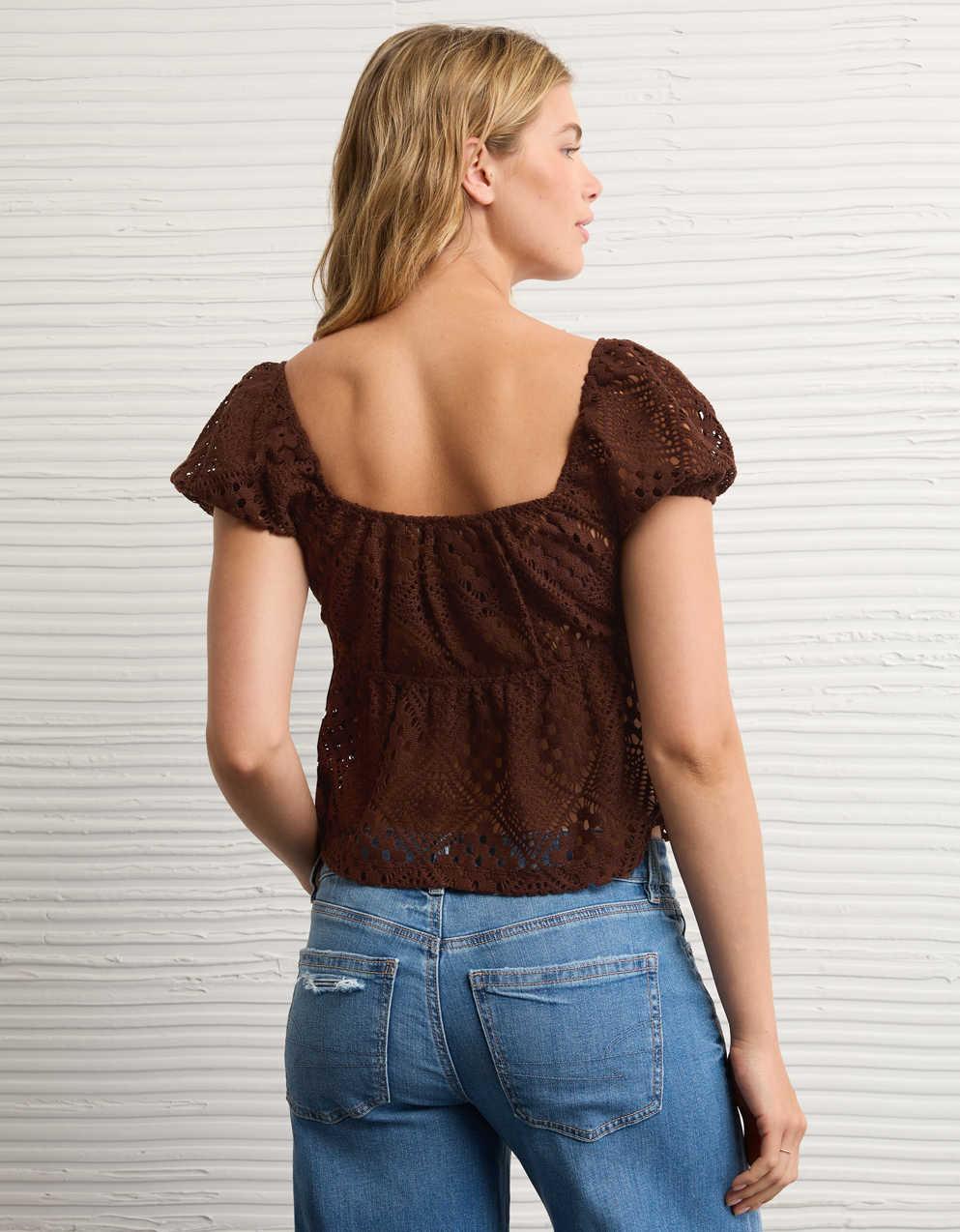 AE Lace Tie-Front Puff Sleeve Tee