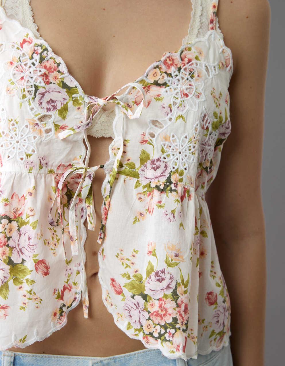 AE Tie Front Embroidered Tank Top