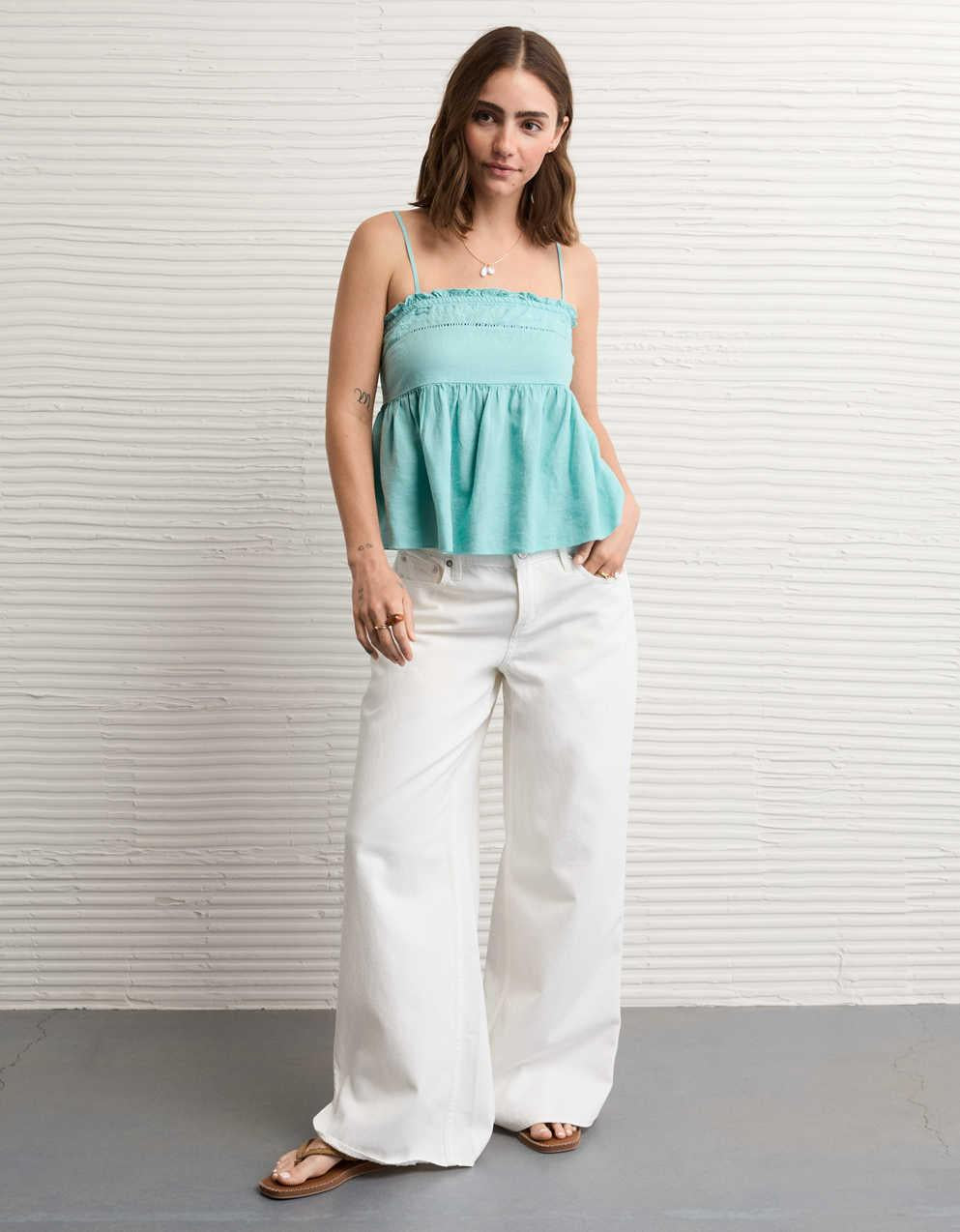 AE Embroidered Strapless Babydoll Linen-Blend Tube Top