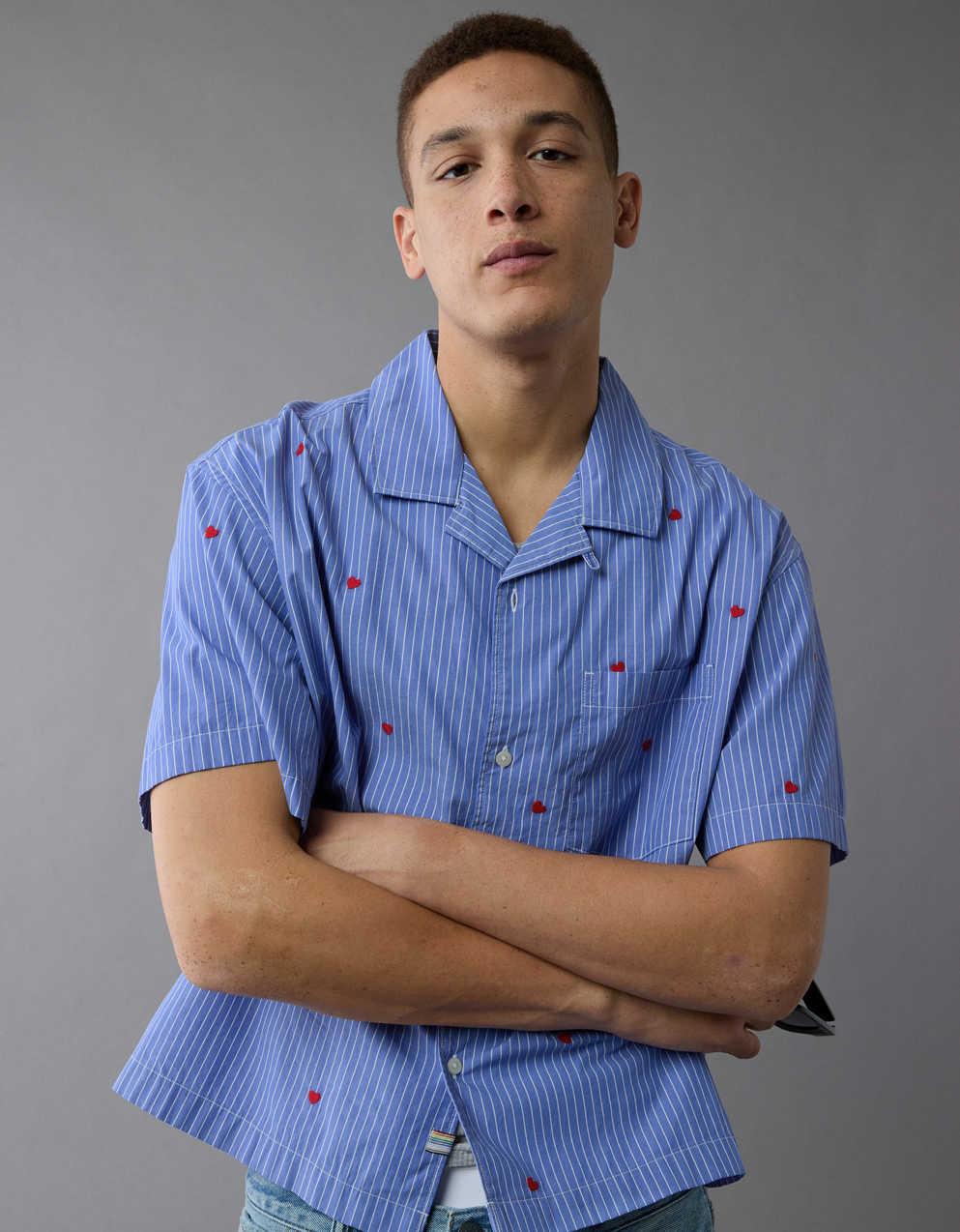 AE Pride Poolside Embroidered Striped Button-Up Shirt