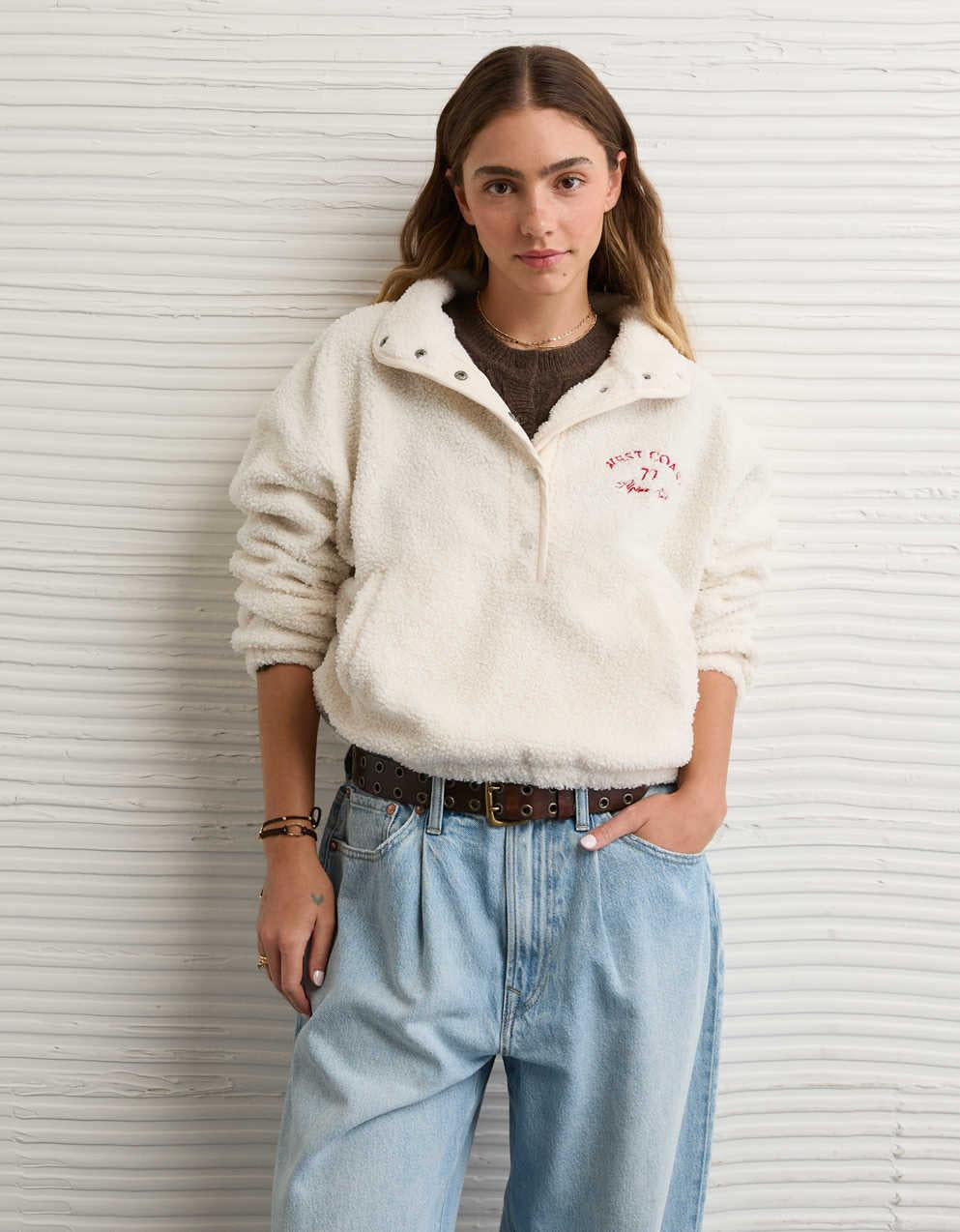 AE Sherpa Fleece Graphic Henley Sweatshirt